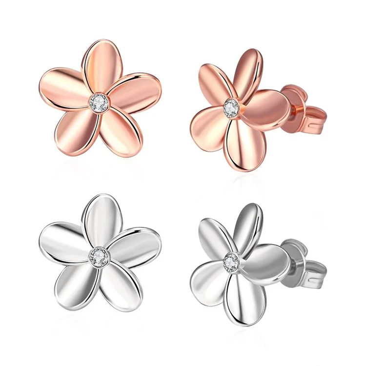 Trendy Czech Diamond Simple Flower Stud Earrings for Women - Rose Gold Plated
