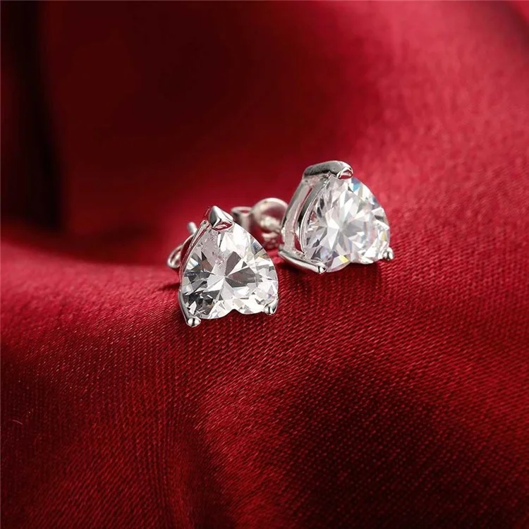 Silver Plated Heart Cubic Zirconia Earrings Ear Studs