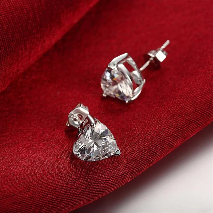 Silver Plated Heart Cubic Zirconia Earrings Ear Studs