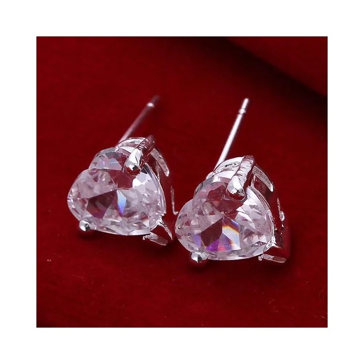 Silver Plated Heart Cubic Zirconia Earrings Ear Studs