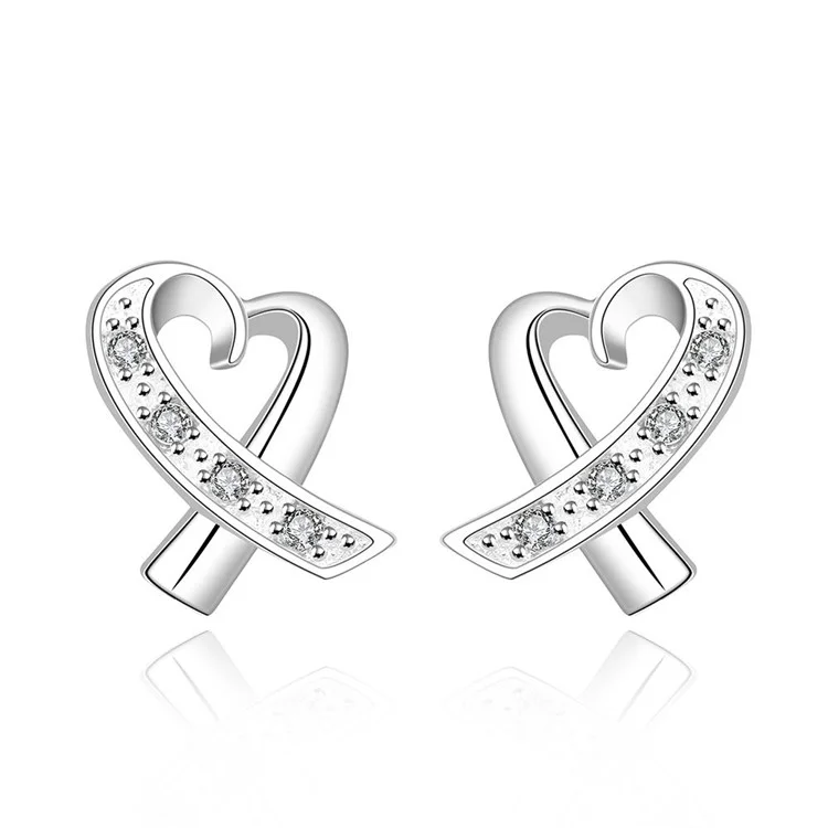 Heart Shaped Zircon Earrings Silver Plated Ear Studs