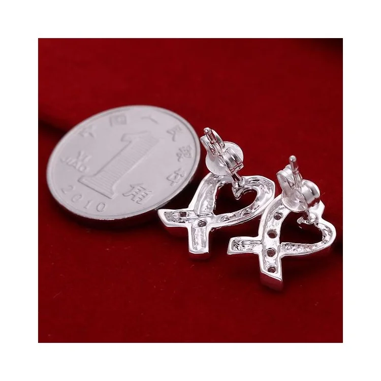 Heart Shaped Zircon Earrings Silver Plated Ear Studs