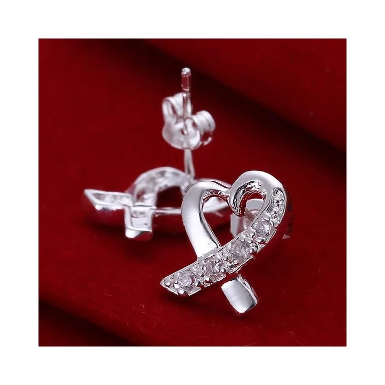 Heart Shaped Zircon Earrings Silver Plated Ear Studs
