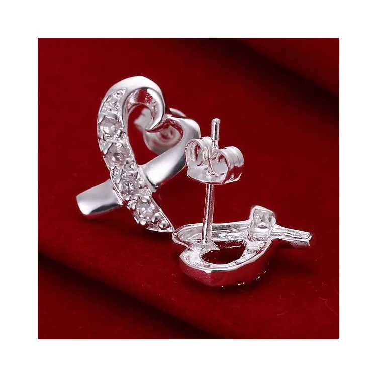 Heart Shaped Zircon Earrings Silver Plated Ear Studs