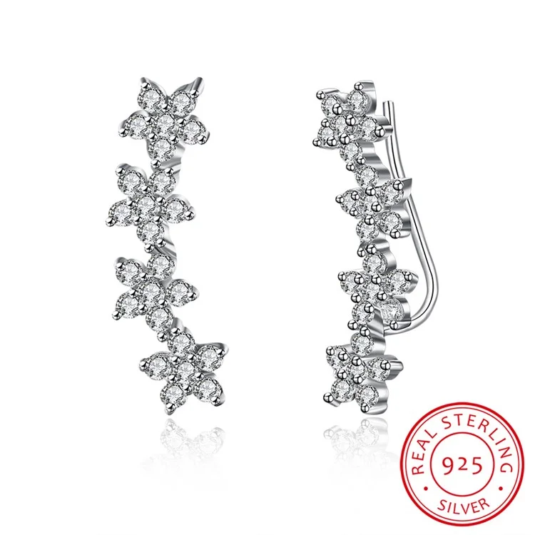 925 Sterling Silver Cubic Zirconia Flower Hook Earrings