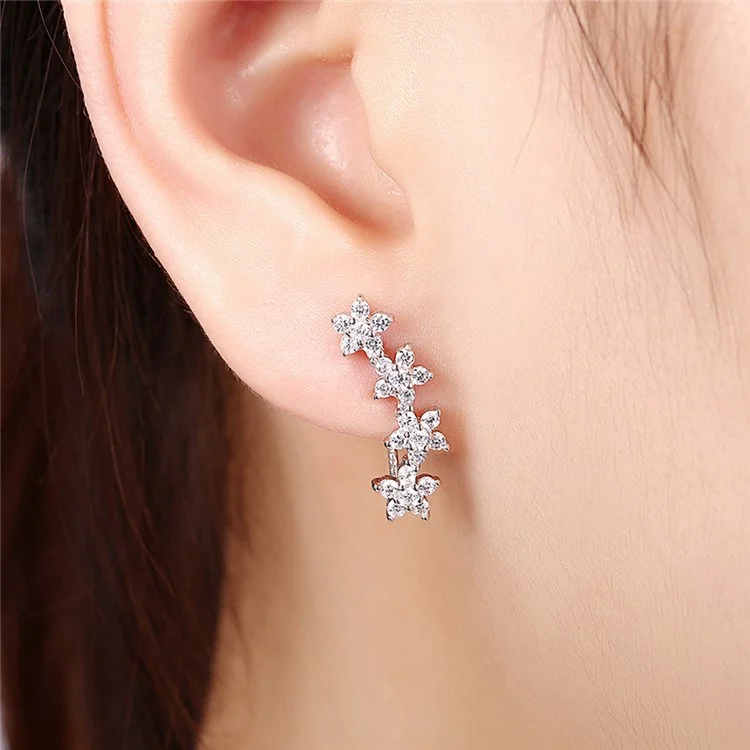 925 Sterling Silver Cubic Zirconia Flower Hook Earrings