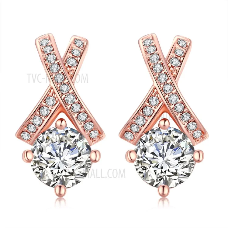 Women Rose Gold Plated Hollow Geometrical Shape Zirconia Stud Earrings