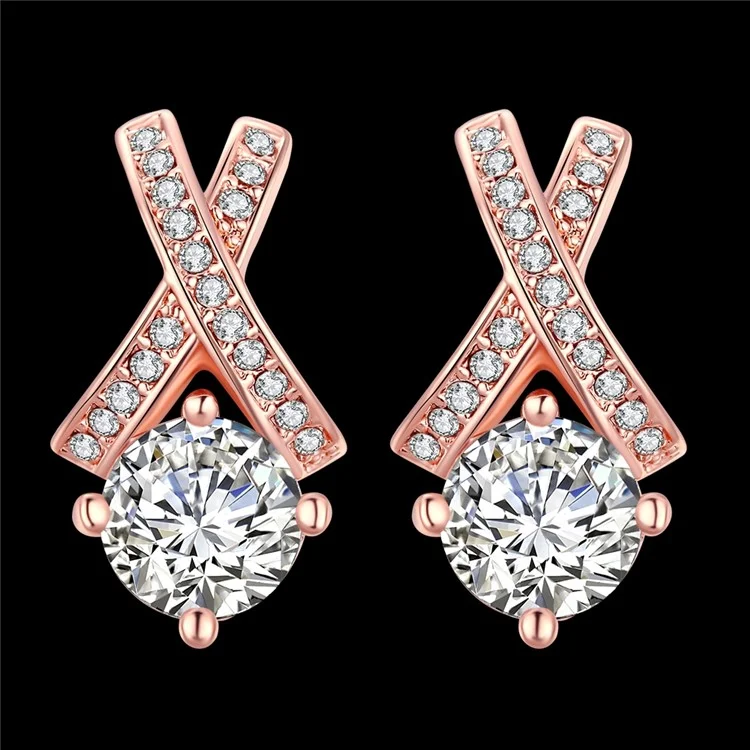Women Rose Gold Plated Hollow Geometrical Shape Zirconia Stud Earrings