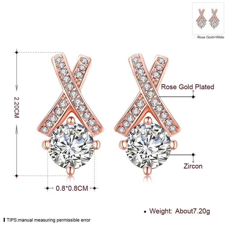 Women Rose Gold Plated Hollow Geometrical Shape Zirconia Stud Earrings