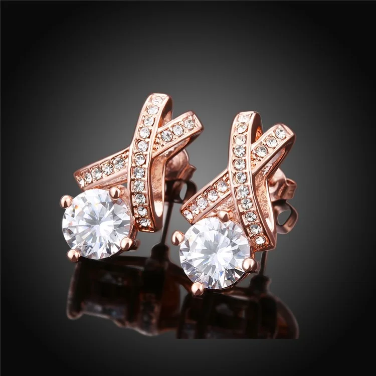 Women Rose Gold Plated Hollow Geometrical Shape Zirconia Stud Earrings