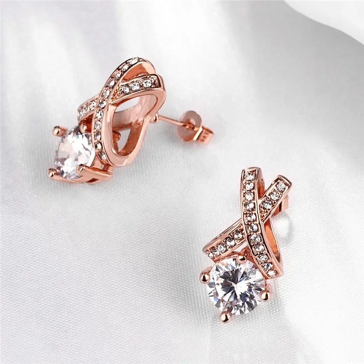 Women Rose Gold Plated Hollow Geometrical Shape Zirconia Stud Earrings
