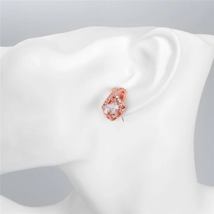 Women Rose Gold Plated Hollow Geometrical Shape Zirconia Stud Earrings
