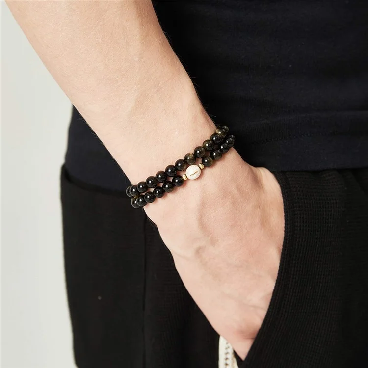 YISIXICI ZL13140007 Pulsera de Obsidiana Pulsera de Cuentas para Pareja Joyería de Muñeca Regalo de Cumpleaños - Negro