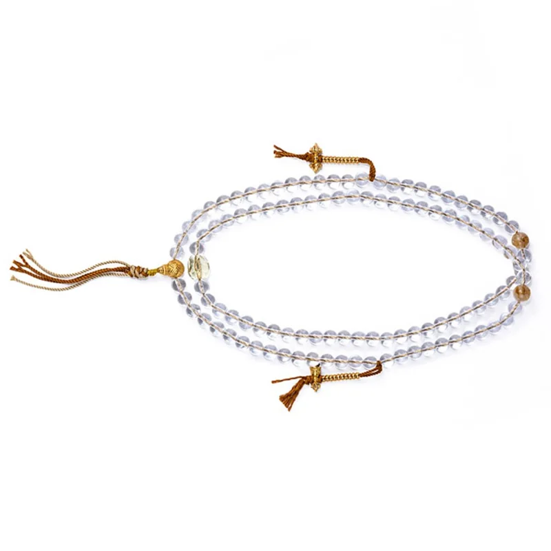 108 Perline di Cristallo Bianco Bracciale di Preghiera Buddista Mala con Sacchetto di Seta