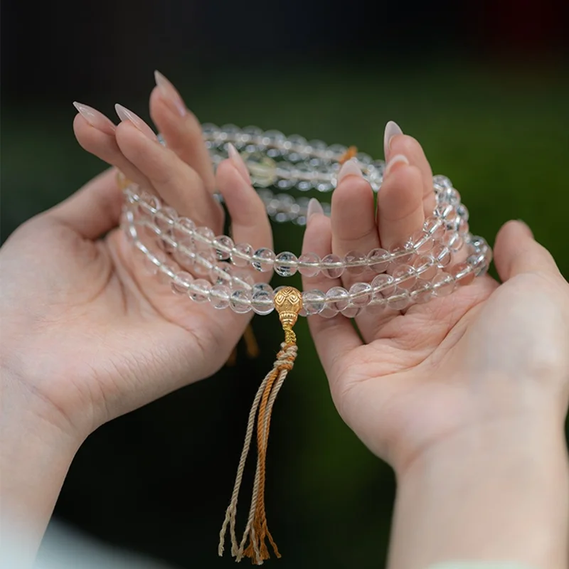 108 Perline di Cristallo Bianco Bracciale di Preghiera Buddista Mala con Sacchetto di Seta