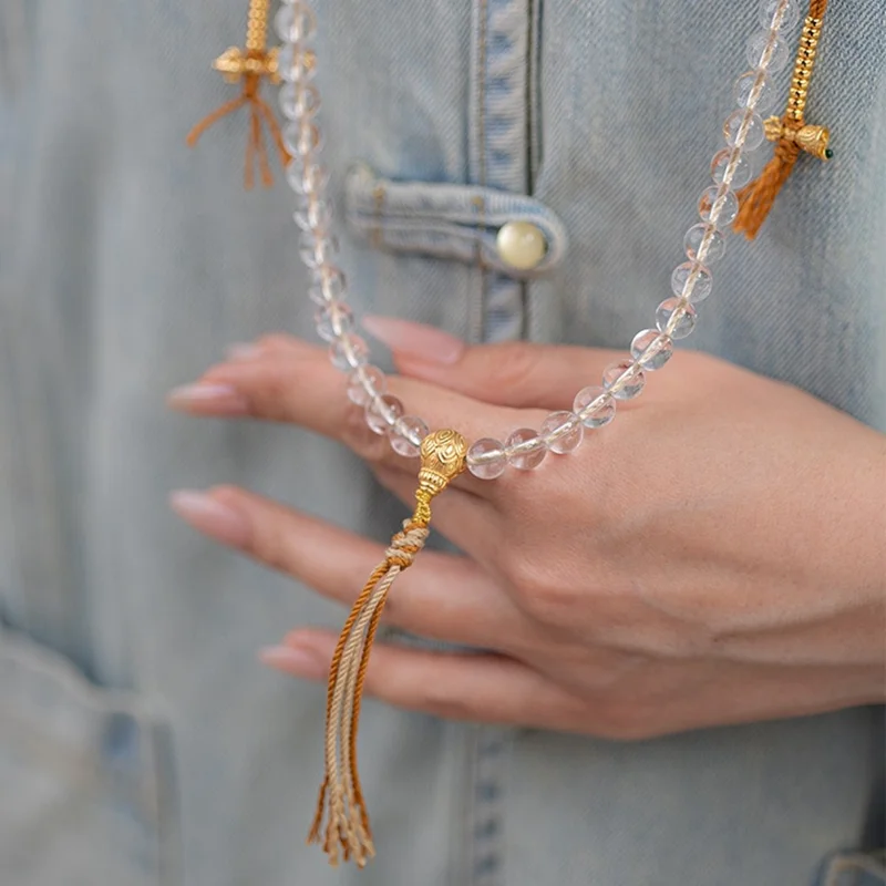 108 Perline di Cristallo Bianco Bracciale di Preghiera Buddista Mala con Sacchetto di Seta