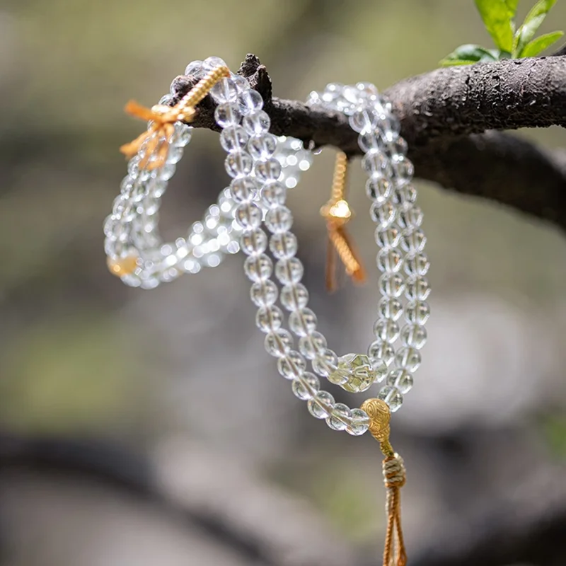 108 Perline di Cristallo Bianco Bracciale di Preghiera Buddista Mala con Sacchetto di Seta