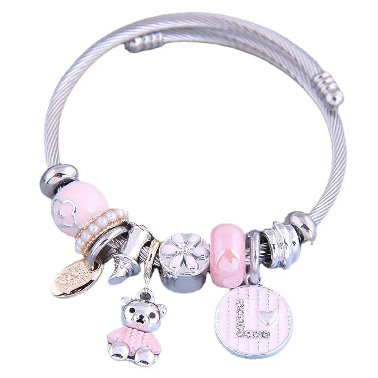 8051 Women Cute Bear Charm Bracelet with Rhinestone Decor Adjustable Stainless Steel Open Bangle - Pink