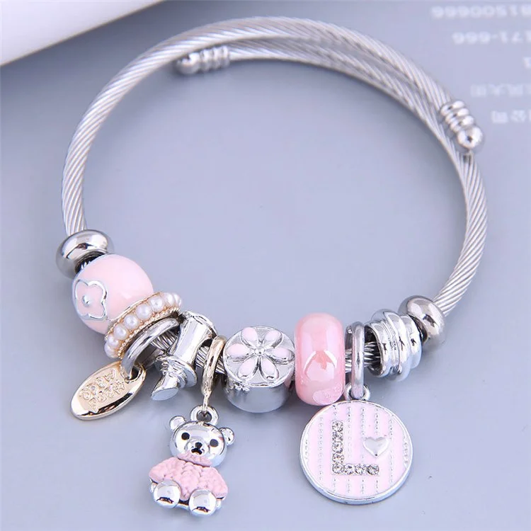 8051 Women Cute Bear Charm Bracelet with Rhinestone Decor Adjustable Stainless Steel Open Bangle - Pink