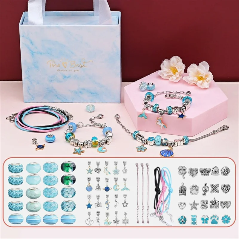 66 Peças Kit de Jóias de Contas DIY para Crianças com Caixa de Presente Contas para Pulseiras e Colares Artesanais de Meninas - Azul 
