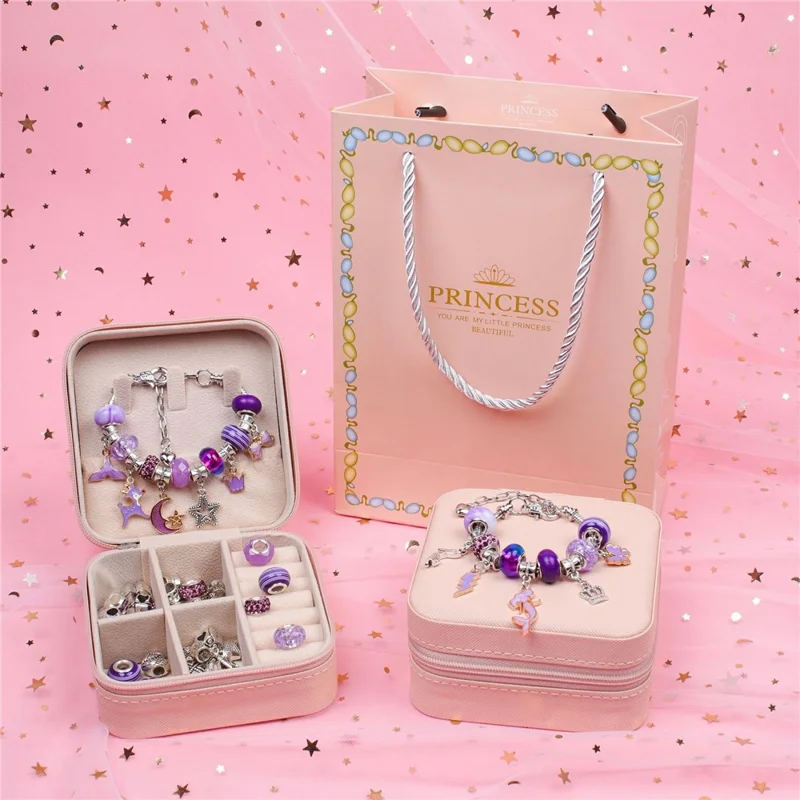 Conjunto de Presente de 66 Peças para Fazer Pulseiras / Colares de Contas DIY - Caixa Roxa