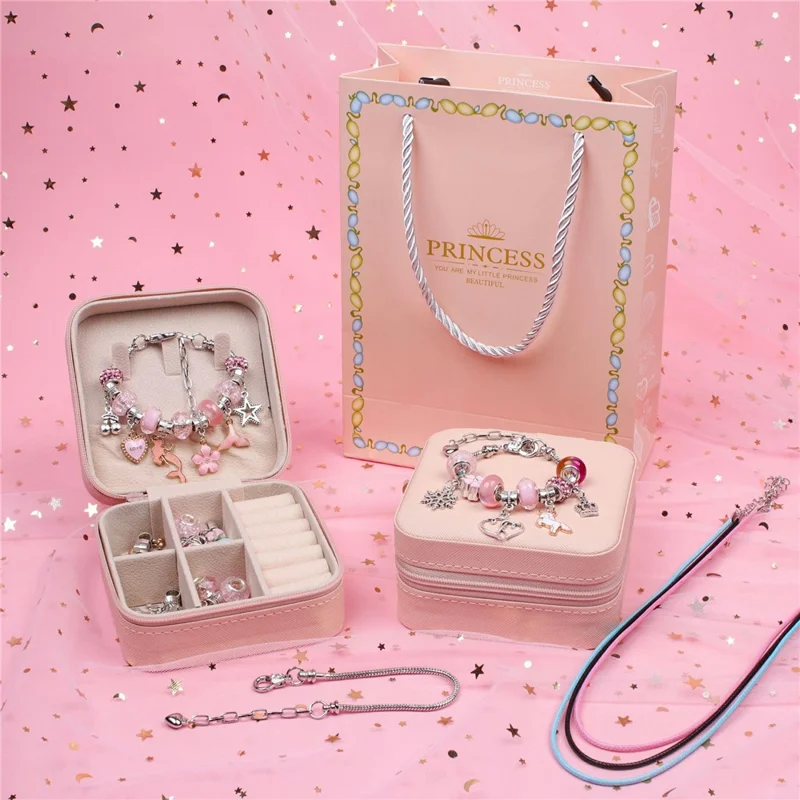 Conjunto de Brinquedo de Contas DIY de 66 Peças / Kit de Fabricação de Colar e Pulseira - Caixa de Presente para Crianças - Rosa