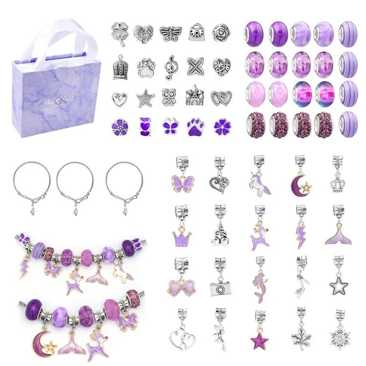 Conjunto de Joias DIY de 63 Peças para Crianças Meninas Conjunto de Pulseiras com Caixa de Presente - Roxo