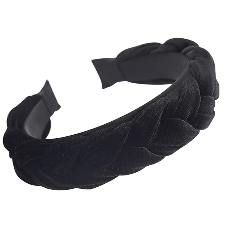 702101 Moda Trançada Estilo Pano Pigtail Borda Larga Borda Cabeça Banda Decoração De Cabelo - Preto