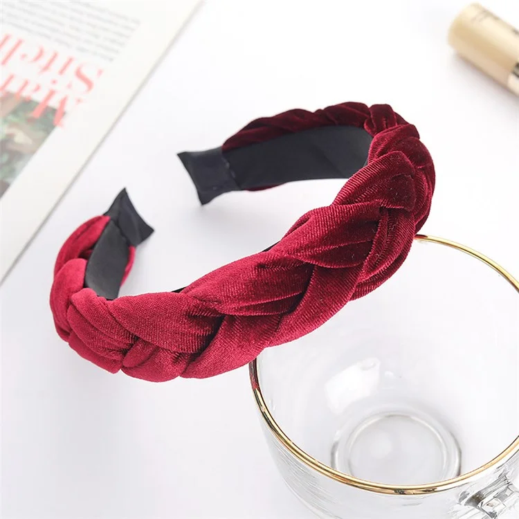 702101 Fashionable Braided Style Cloth Pigtail Headband Wide Edge Head Band Hair Decoration - Wine Red