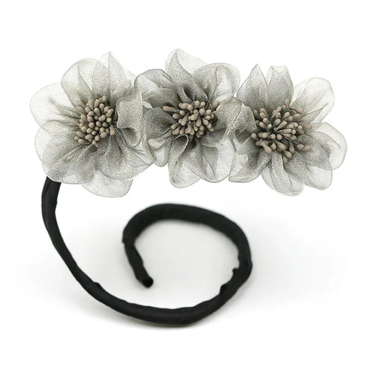 Women Elegant Hair Bun Making Tool 3 Mesh Flowers Hair Bun Maker Hairstyle Accessory - Grey