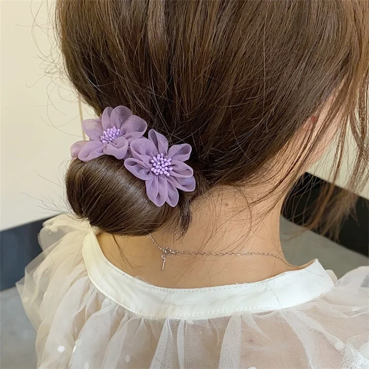 Women Elegant Hair Bun Making Tool 3 Mesh Flowers Hair Bun Maker Hairstyle Accessory - Grey