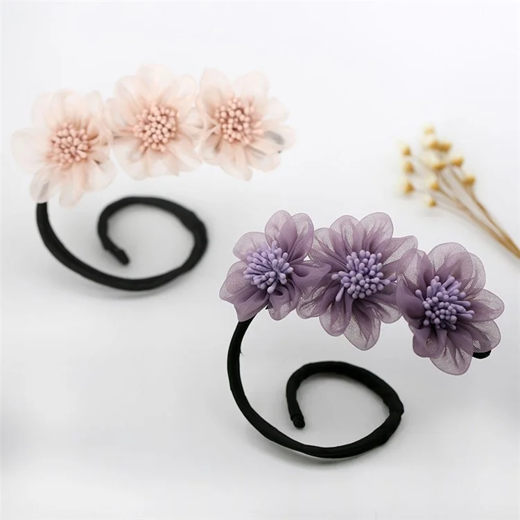 Women Elegant Hair Bun Making Tool 3 Mesh Flowers Hair Bun Maker Hairstyle Accessory - Grey