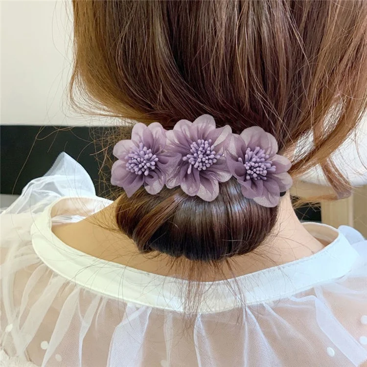 Women Elegant Hair Bun Making Tool 3 Mesh Flowers Hair Bun Maker Hairstyle Accessory - Grey