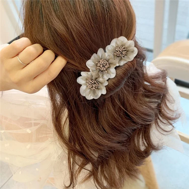 Women Elegant Hair Bun Making Tool 3 Mesh Flowers Hair Bun Maker Hairstyle Accessory - Grey