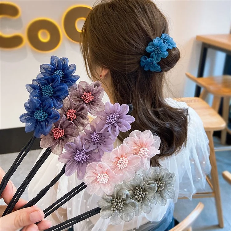 Women Elegant Hair Bun Making Tool 3 Mesh Flowers Hair Bun Maker Hairstyle Accessory - Grey