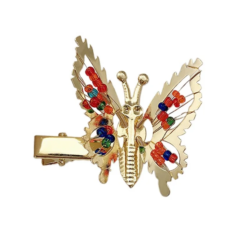 FF-70 Women Sweet Moving Butterfly Metal Hair Clip Spring Duckbill Side Clip - Gold