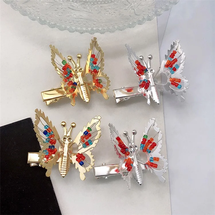 FF-70 Women Sweet Moving Butterfly Metal Hair Clip Spring Duckbill Side Clip - Gold