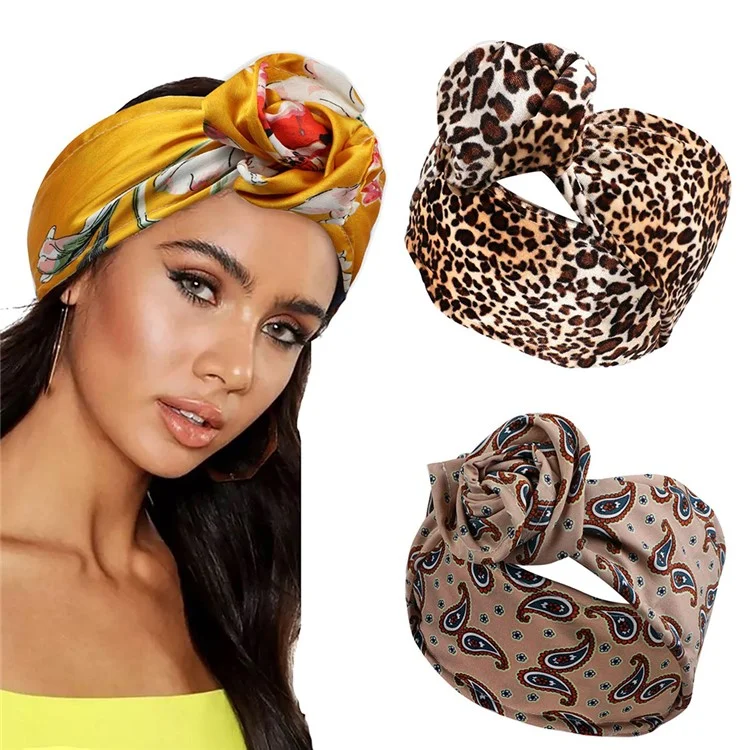 FD066 Wire Headband Adjustable Pattern Print Wired Hair Tie Head Scarf - Pleuche / Wine Red