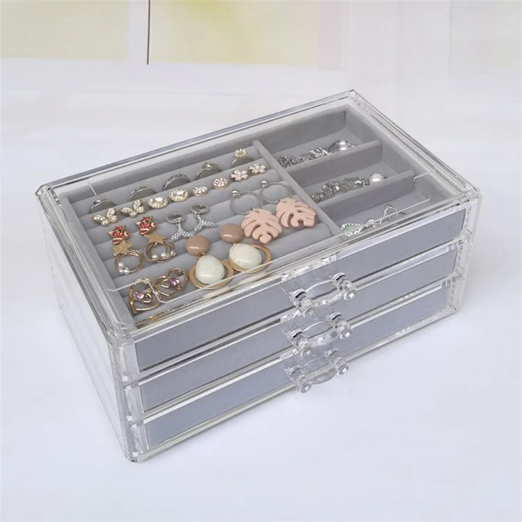 Schmuckkasten 3-Schichten Schmuckorganisator Abnehmbare Schublade Aufbewahrungsbox für Halsketten, Ohrringe, Ringe, Make-up - Grau
