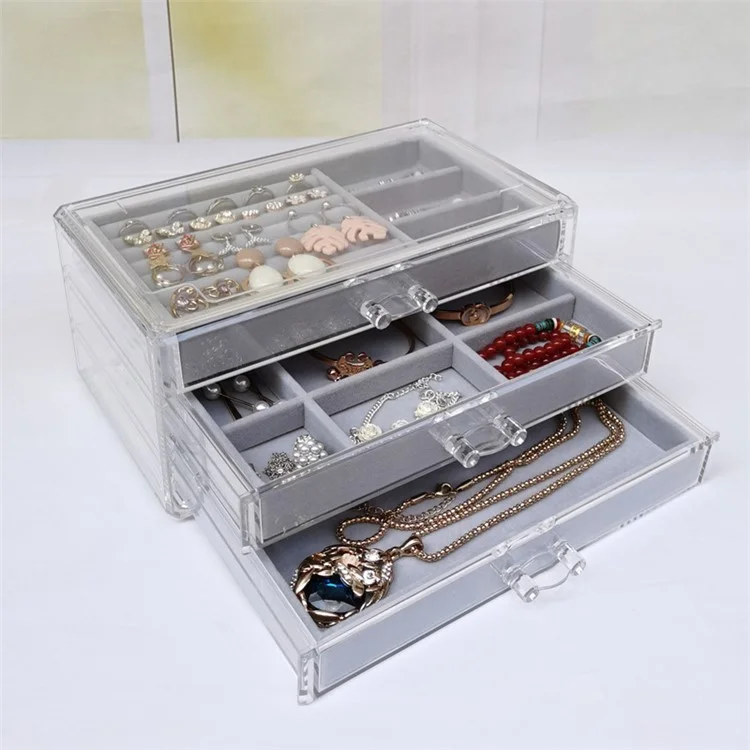 Schmuckkasten 3-Schichten Schmuckorganisator Abnehmbare Schublade Aufbewahrungsbox für Halsketten, Ohrringe, Ringe, Make-up - Grau