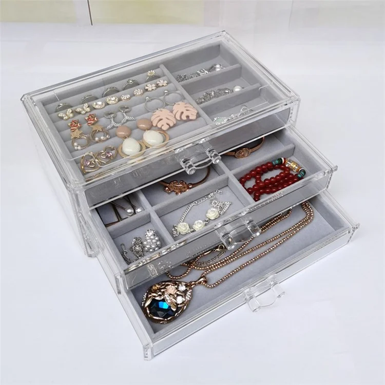 Schmuckkasten 3-Schichten Schmuckorganisator Abnehmbare Schublade Aufbewahrungsbox für Halsketten, Ohrringe, Ringe, Make-up - Grau
