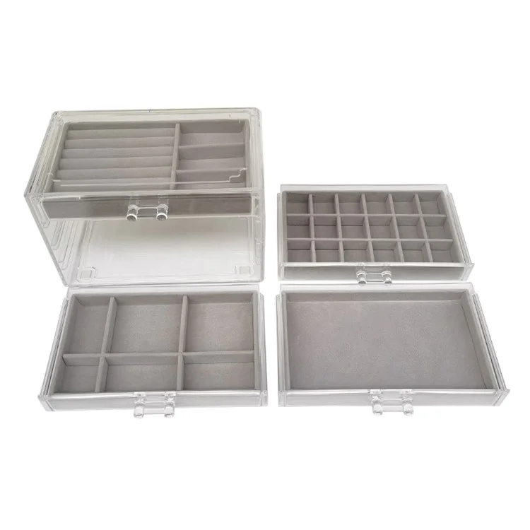 6402-4 Jewelry Storage Box with Clear Lid, 4-Layer Jewelry Organizer Acrylic Soft Velvet Drawer Box Gift for Earring Necklace Bracelet Ring Watch - Grey