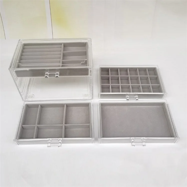 6402-4 Jewelry Storage Box with Clear Lid, 4-Layer Jewelry Organizer Acrylic Soft Velvet Drawer Box Gift for Earring Necklace Bracelet Ring Watch - Grey