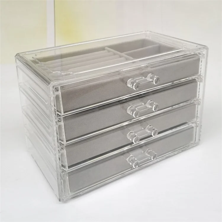 6402-4 Jewelry Storage Box with Clear Lid, 4-Layer Jewelry Organizer Acrylic Soft Velvet Drawer Box Gift for Earring Necklace Bracelet Ring Watch - Grey