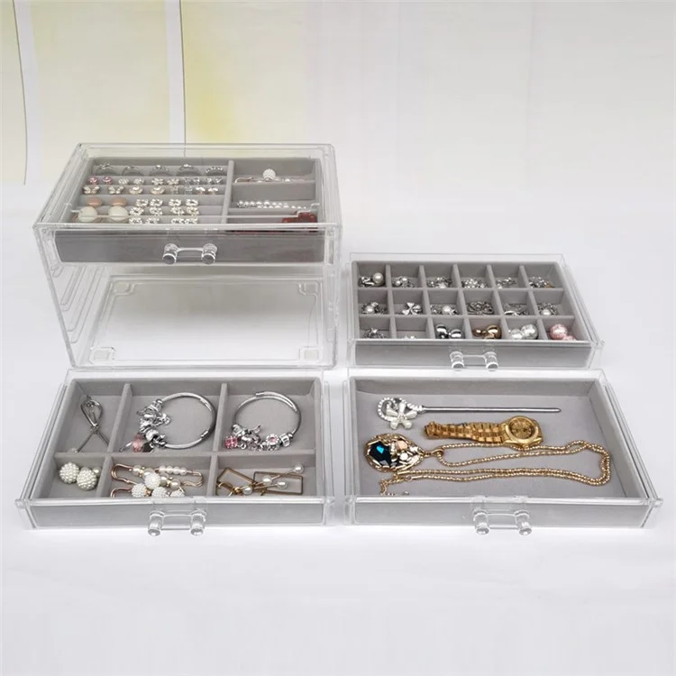 6402-4 Jewelry Storage Box with Clear Lid, 4-Layer Jewelry Organizer Acrylic Soft Velvet Drawer Box Gift for Earring Necklace Bracelet Ring Watch - Grey