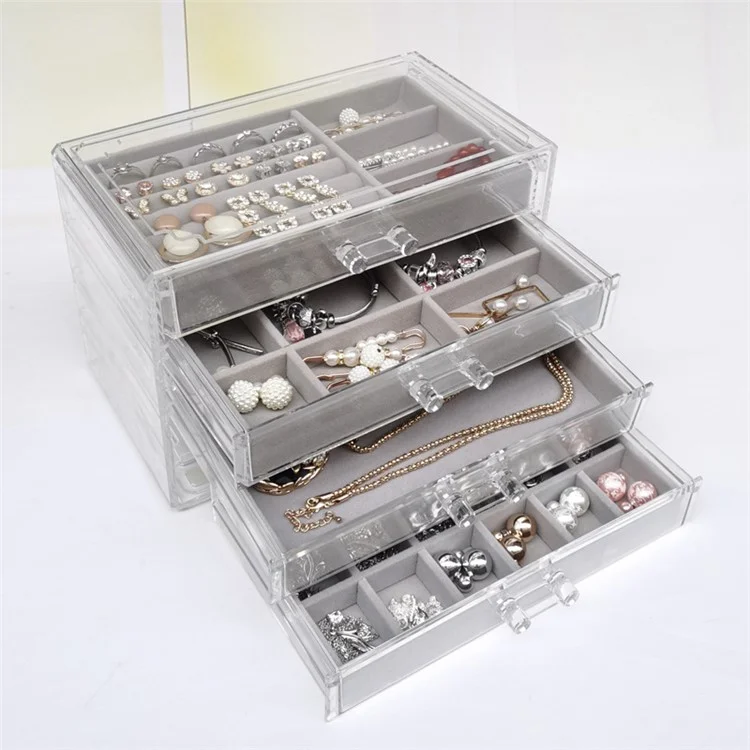 6402-4 Jewelry Storage Box with Clear Lid, 4-Layer Jewelry Organizer Acrylic Soft Velvet Drawer Box Gift for Earring Necklace Bracelet Ring Watch - Grey