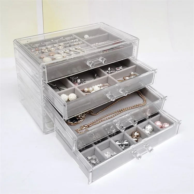 6402-4 Jewelry Storage Box with Clear Lid, 4-Layer Jewelry Organizer Acrylic Soft Velvet Drawer Box Gift for Earring Necklace Bracelet Ring Watch - Grey