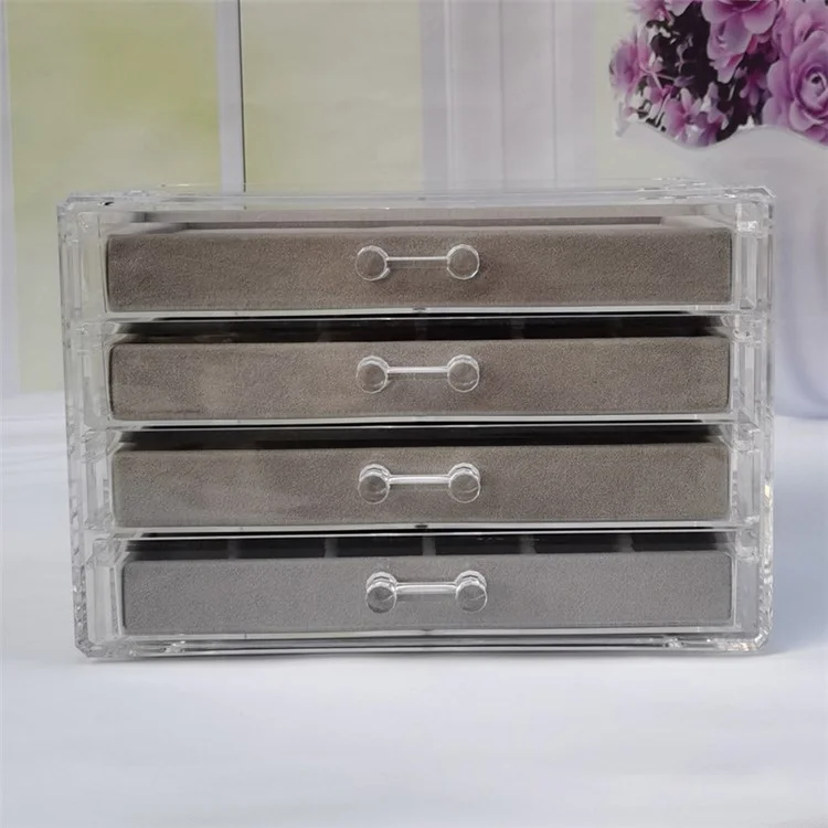 6402-4 Jewelry Storage Box with Clear Lid, 4-Layer Jewelry Organizer Acrylic Soft Velvet Drawer Box Gift for Earring Necklace Bracelet Ring Watch - Grey