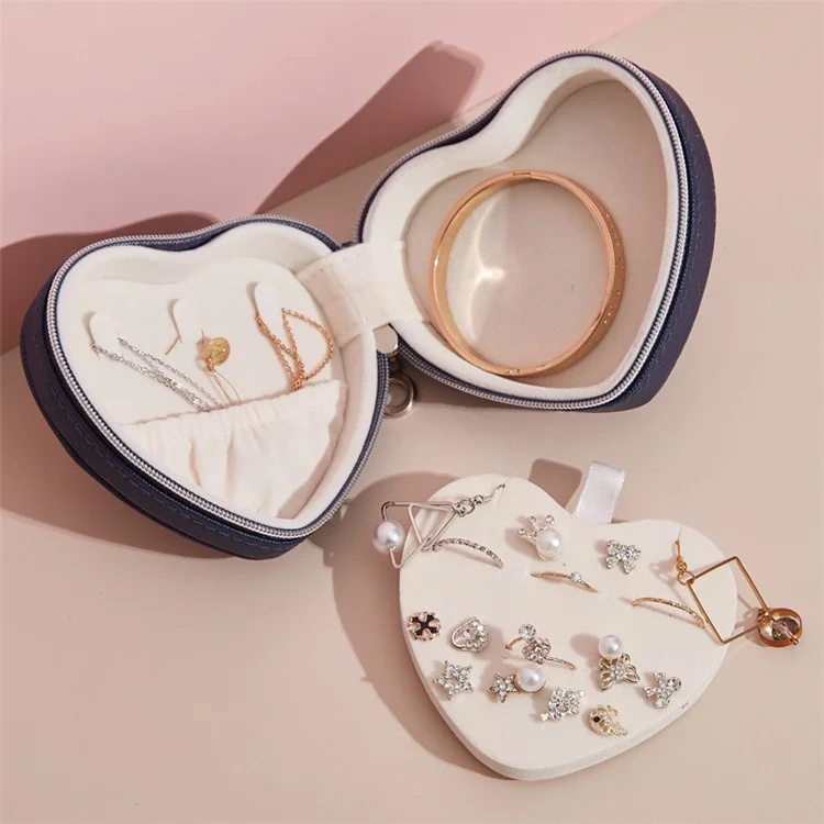 SH789-68 Heart Shaped Jewelry Storage Box Jewelry Display Box PU Leather Organizer for Earrings, Rings, Necklaces, Bracelets - Dark Blue