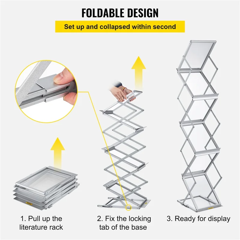 A4 Portrait Folding Literature Magzine Adjustable Floor Stand Aluminum Alloy+Acrylic Exhibition Display Rack - Silver
